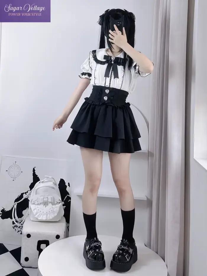 Japonais mignon doux Y2k Lolita gâteau jupe femmes taille haute strass Plaid à volants couches jupes Kawaii a-ligne Mini jupes polyester volants fantaisie occassions spéciales