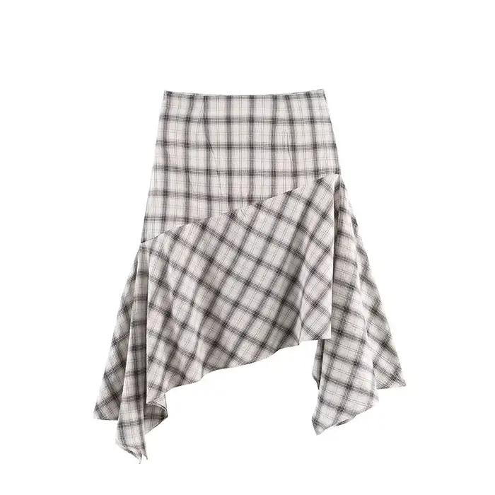 TFAFXY Nouvelle Collection Printemps 2026 Jupes Femme Chic et Élégantes à Carreaux Asymétriques Coupe Trapèze