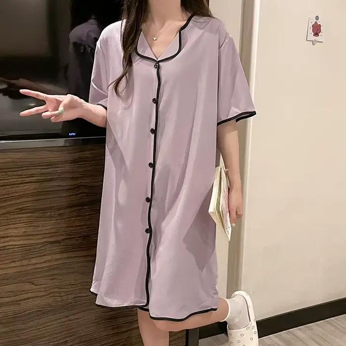 Grande taille M-4XL chemise de nuit pour femmes été doux à manches courtes robe de maison glace soie jupe de nuit Cardigan mignon robe de nuit coréenne