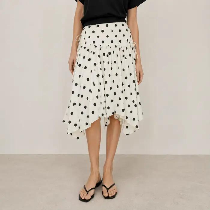 Jupe mi-longue décontractée pour femme, style vintage à pois, ourlet asymétrique, taille haute, cordon de serrage, fluide, blanc et noir, streetwear