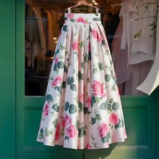 Jupe longue imprimée roses décontractée pour femmes printemps été ajustement mince polyester voyage et affaires