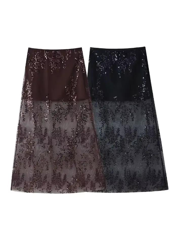HH femmes mode été jupes solide taille haute brodé paillettes décoration fermeture éclair gaze jupe femme Sexy mince jupes longues
