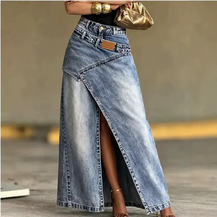 Jupe longue en jean délavé taille haute asymétrique avec fente avant irrégulière pour femme