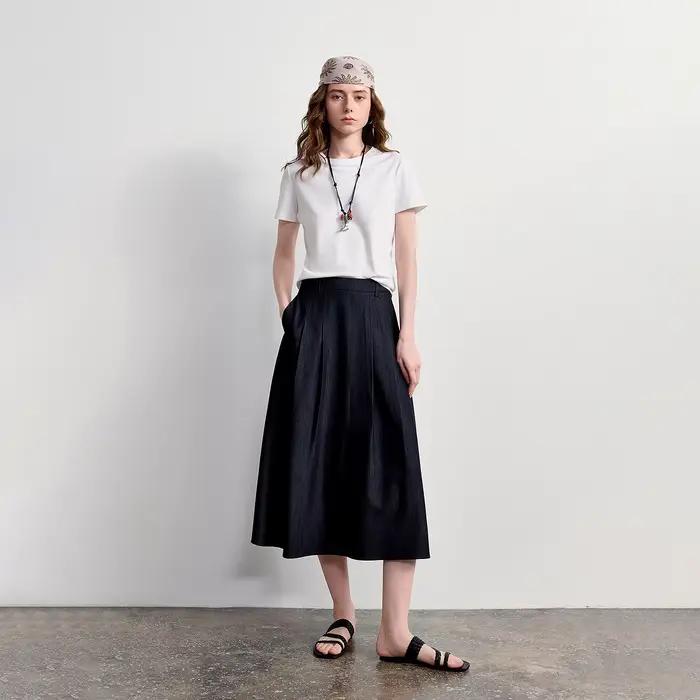 Jupe plissée trapèze TOYOUTH pour femme, effet denim, nouvelle collection été 2026, style rétro Old Money, simple et élégante, dissimule les hanches