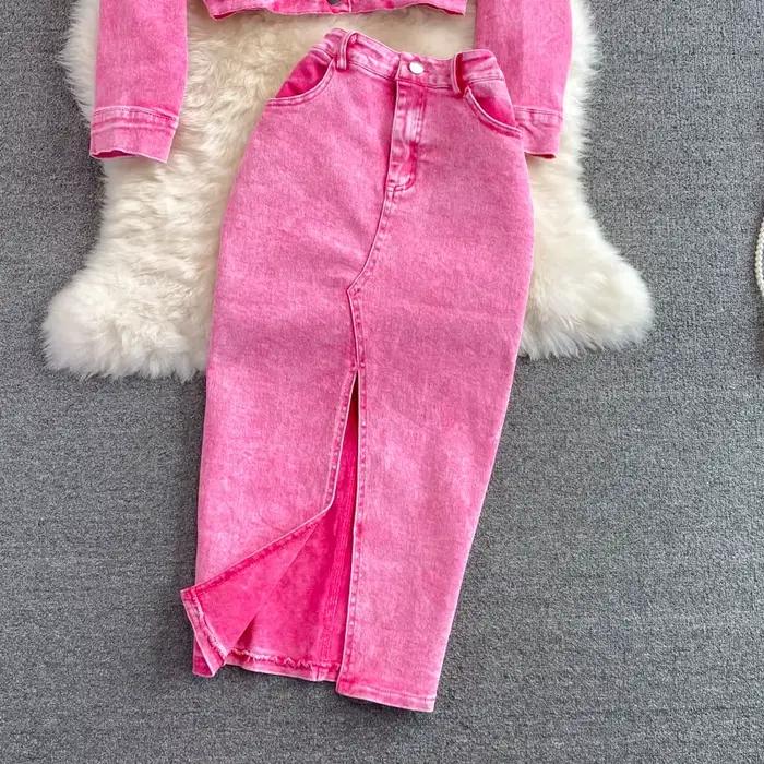 Denim 2 pièces ensembles veste jupe femmes costume jupes longues tenues d'extérieur simple boutonnage poches lavé manteau Ensemble 2025