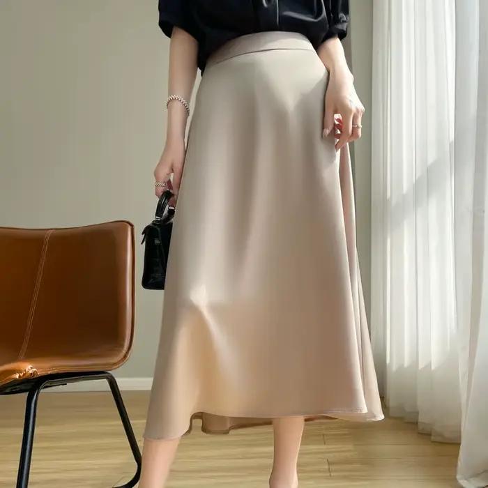 Jupe mi-longue trapèze en satin acétique pour femme, taille haute et coupe slim, idéale printemps-été
