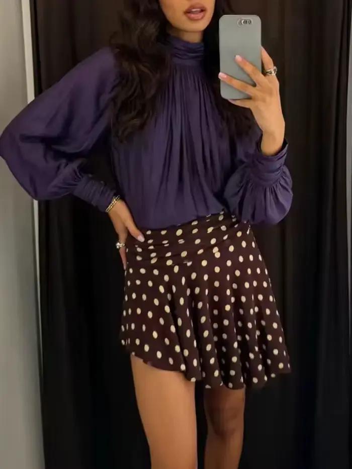Jupe plissée asymétrique marron élégante à pois pour femme