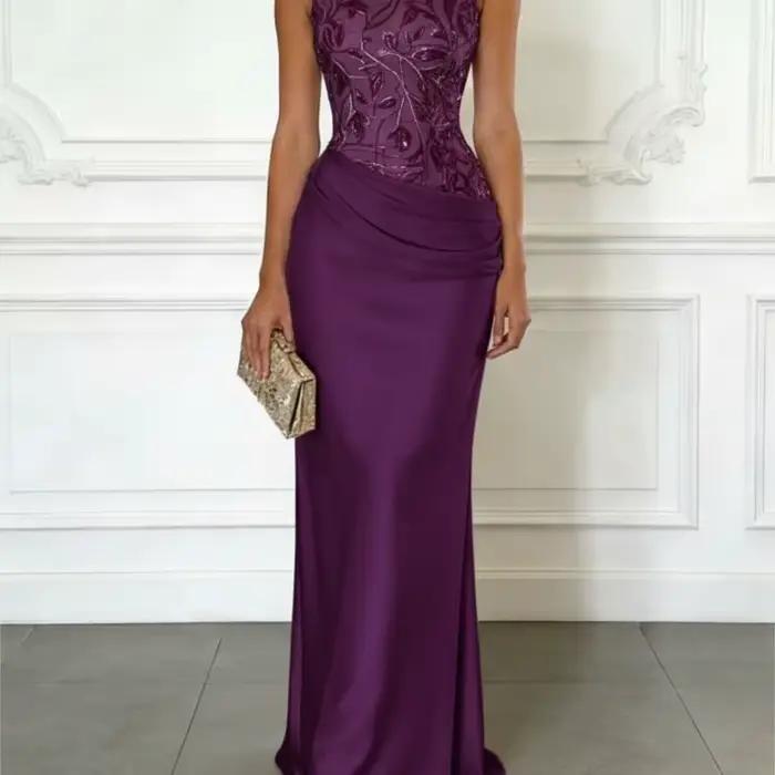 Robes de soirée roses élégantes pour femmes, col rond, sans manches, longueur au sol, avec appliques, pour occasions spéciales, robes de bal, Vestido
