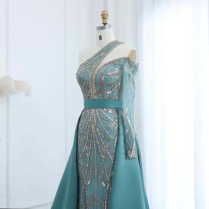 Sharon Said luxe Turquoise une épaule robe de soirée avec surjupe pour les femmes de mariage robe de bal arabe SS307 personnalisé