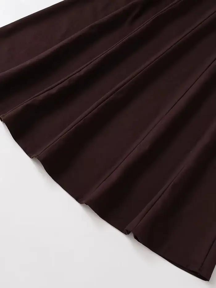 Jupe mi-longue plissée marron taille haute pour femmes, avec fermeture éclair latérale, pour une mode élégante