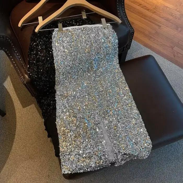 Chic noir et argent Paillettes Jupe Midi Style coréen Юбки Faldas Mujer