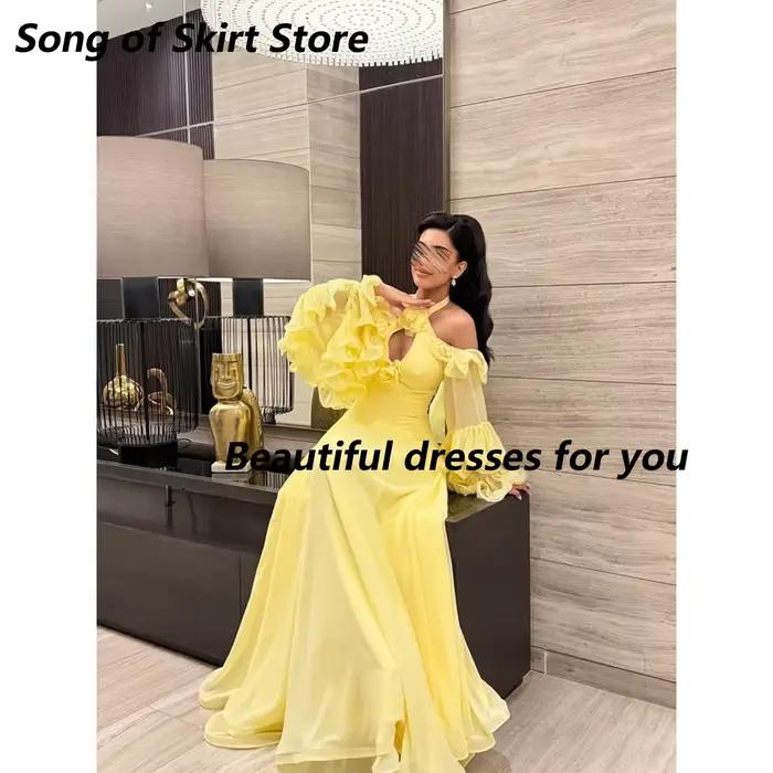 Robe de soirée jaune à épaules dénudées, en mousseline de soie, à manches longues et à volants, coupe trapèze, longue, pour soirée formelle ou invitée de mariage, personnalisable