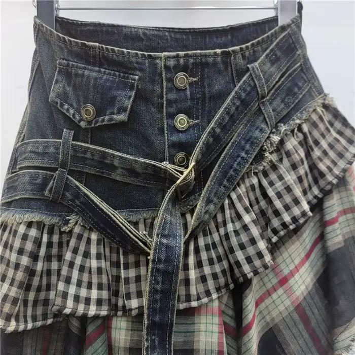 Mini jupe superposée en Denim vieilli, Plaid, Patchwork, boutons, Design, Streetwear, nouvelle collection automne 2025, jupes courtes irrégulières Y2k
