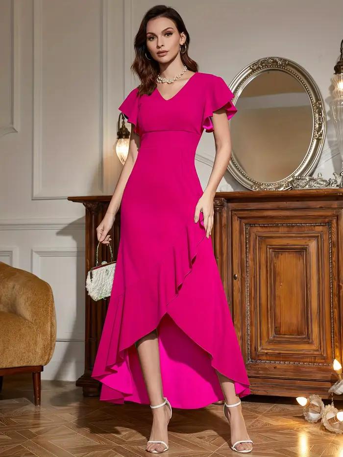 Robe à volants à col en V, robe élégante à manches courtes pour cocktail, vêtements pour femmes