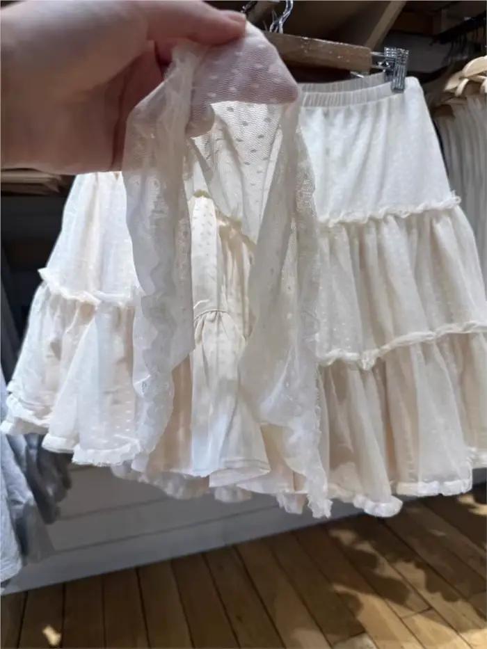 Jupes Jacquard en maille à pois longueur genou pour femme, taille élastique, volants, coupe trapèze, style preppy, jupe courte beige Y2K