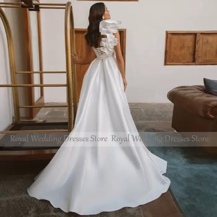 Robe de Mariée Simple en Satin à Volants avec Fleurs 3D, Ligne A, Fendue sur le Côté, pour Femme, Patients Longs, 2023