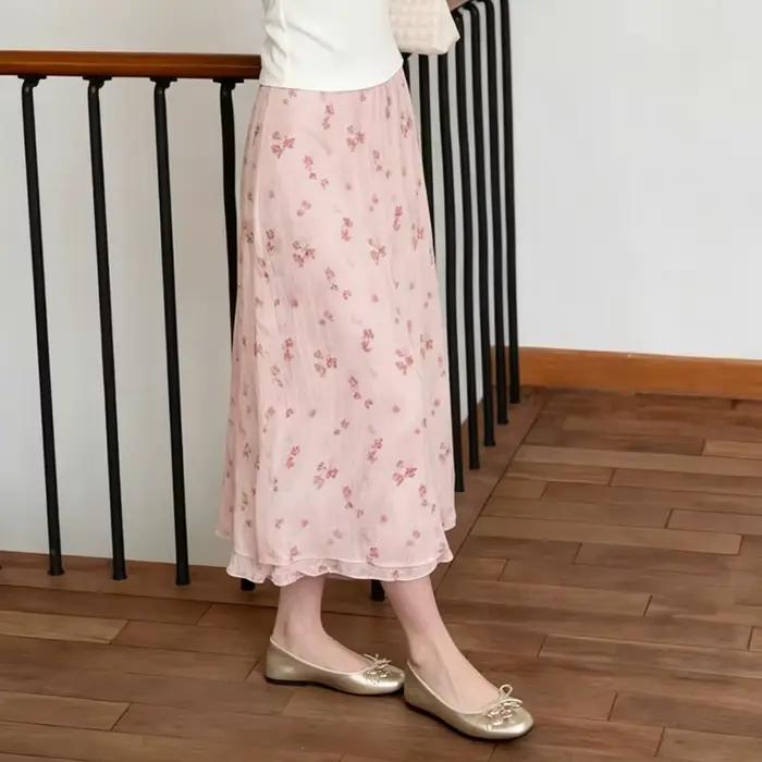 Jupe mi-longue évasée à imprimé floral, taille haute, amincissante, pour femme, nouveau style d'été, mi-longue, rose et bleue, en mélange de polyester