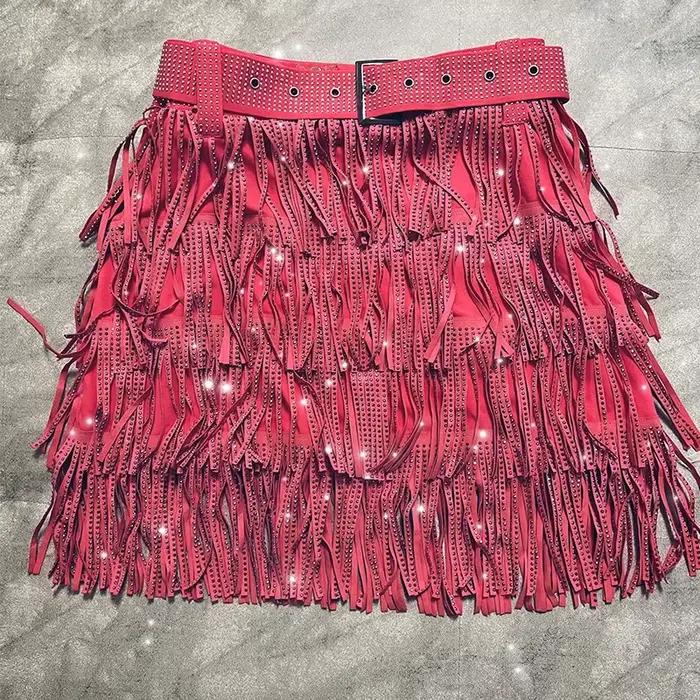 Femmes jupe mode 2025 nouveau automne taille haute ceinture multicouche courte lourde forage strass
