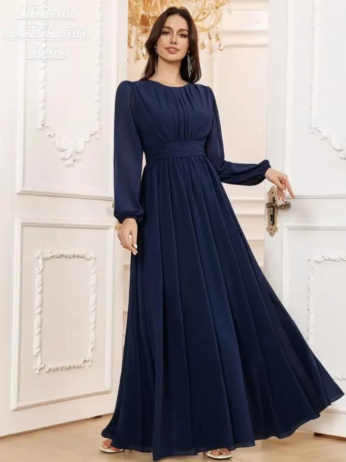 Robe longue en mousseline bleu marine à col rond, avec plis sur le devant, manches lanternes, taille haute et design fluide, idéale pour les femmes musulmanes, les célébrations de l'Aïd, les invitées 