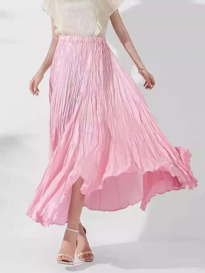 LANMREM-Jupes longues plissées pour femmes, taille haute élastique, couleur unie, vêtements de fête élégants, nouvelle collection été automne 2025, 2DA7890