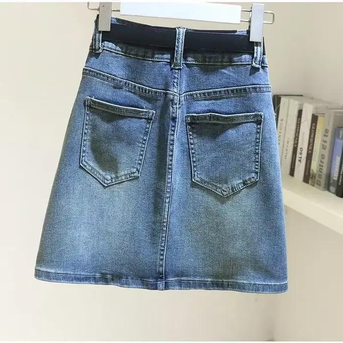 Jupe courte en jean bleu pour femme, mini jupe en jean avec poche, fermeture éclair, taille haute, sexy, rond, premium, V