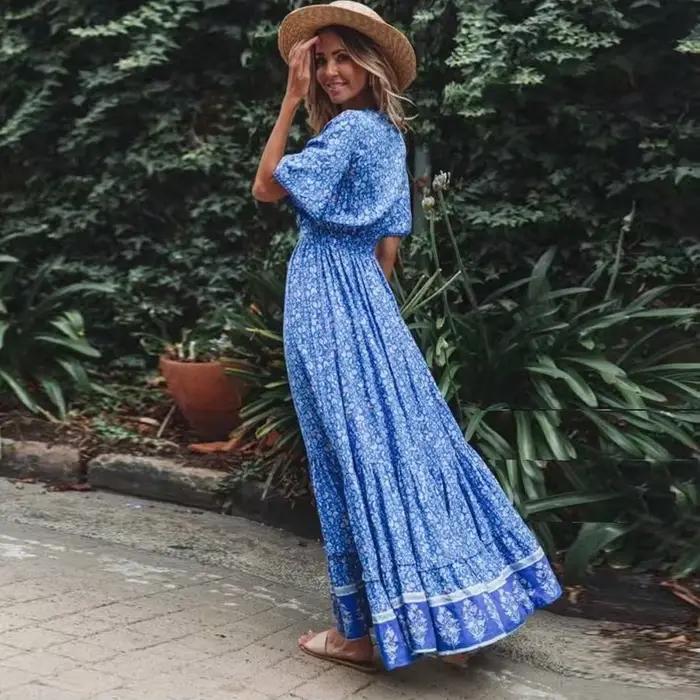 Robe maxi TEELYNN en coton bleu rayonne imprimé floral sexy v profond boho été ample hiphélicoptère longue éducative