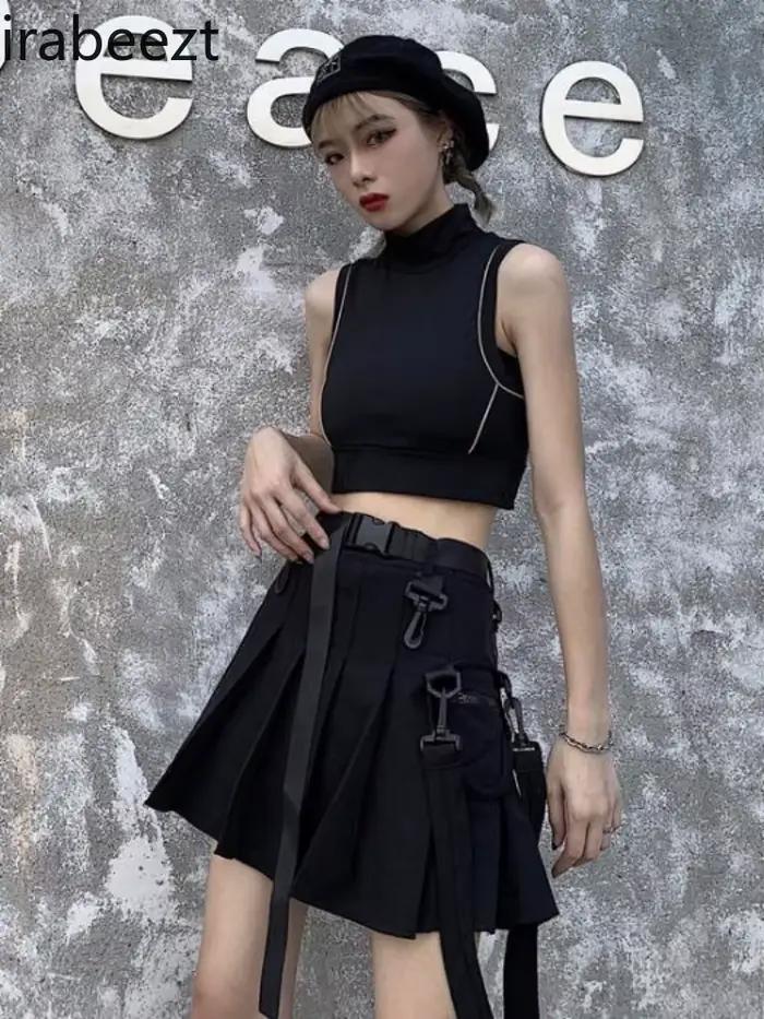Jupe-culotte noire pour femme, Style Harajuku, Super offre spéciale, taille haute plissée, jupe trapèze, coupe régulière, été