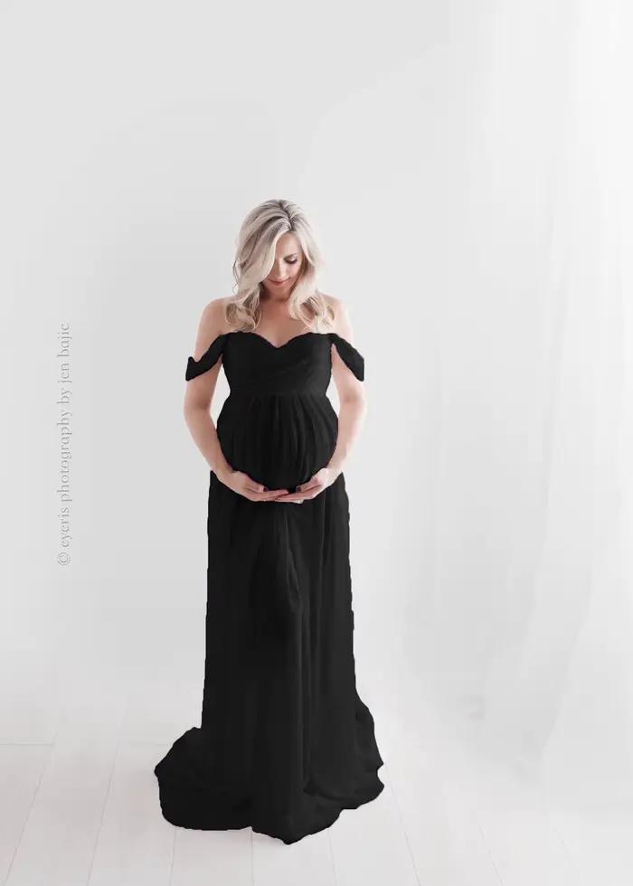 Robe de maternité Sexy pour photographie, couleur unie, épaules dénudées, en mousseline de soie, Maxi, fendue, longue, robes de grossesse pour séance photo