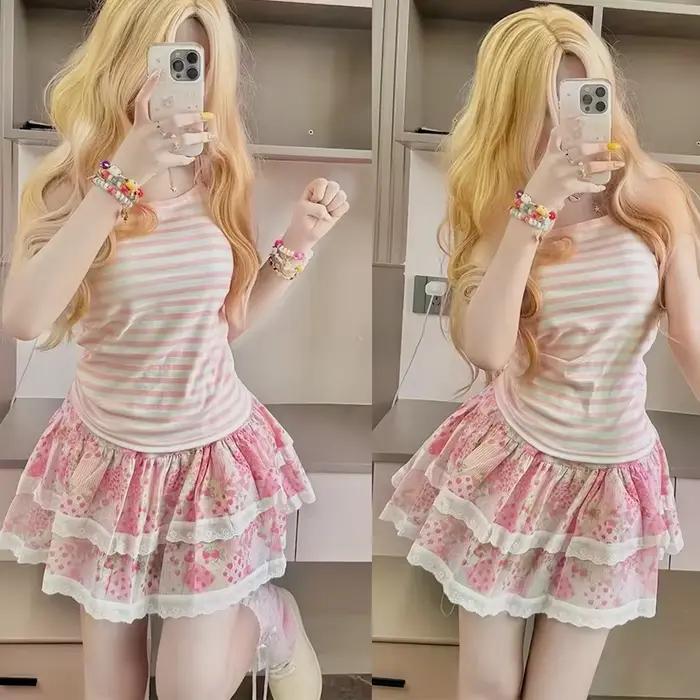 Mini-jupe florale Kawaii pour femme