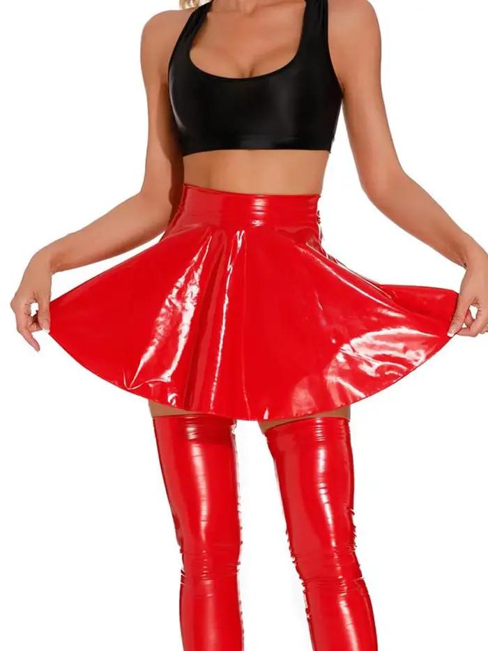 Jupe plissée évasée brillante à l'huile pour femmes, Sexy, look mouillé, Faux cuir PU, MINI jupe à volants, vêtements de scène en Club, vêtements de danse