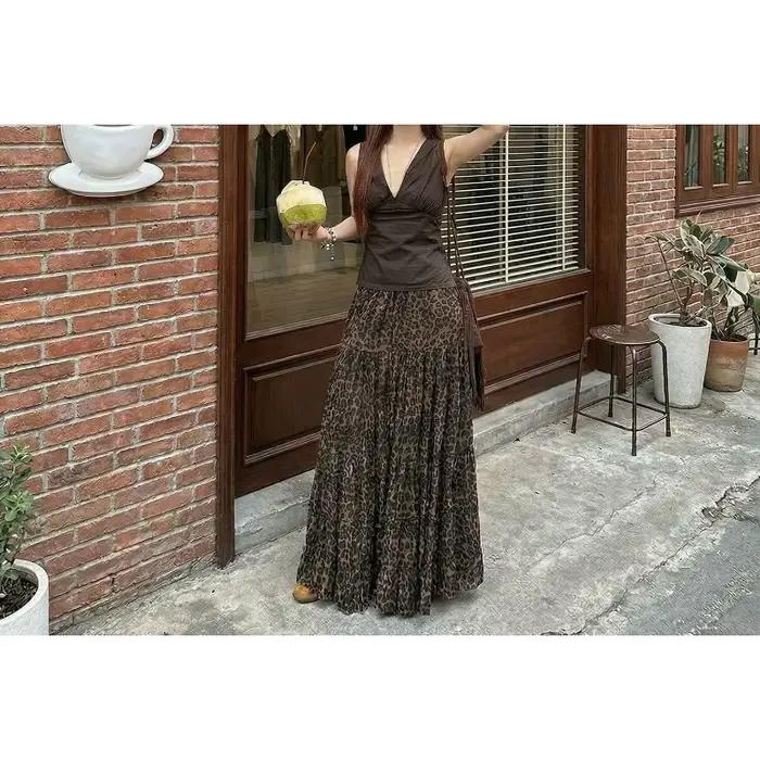 Vintage Leopard Print Skirt High Waist A-shaped Skirt