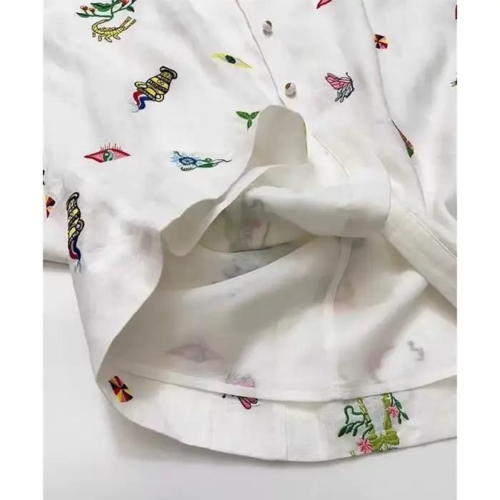 Jupe trapèze en lin doux beige pour femmes, décontractée, imprimée amusante, bouton avant, coupe trapèze, silhouette harmonieuse, été printemps, ajustement lâche, longueur mini, marque LDKVGSU