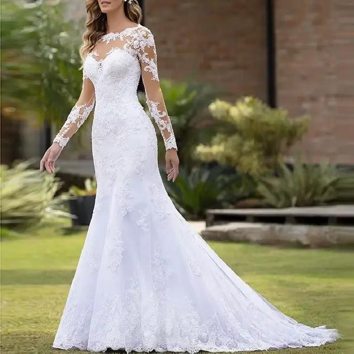 Robes de mariée sirène à manches longues col rond Robe de mariée blanche dentelle applique perles Robe de mariée Robe de mariage personnaliser