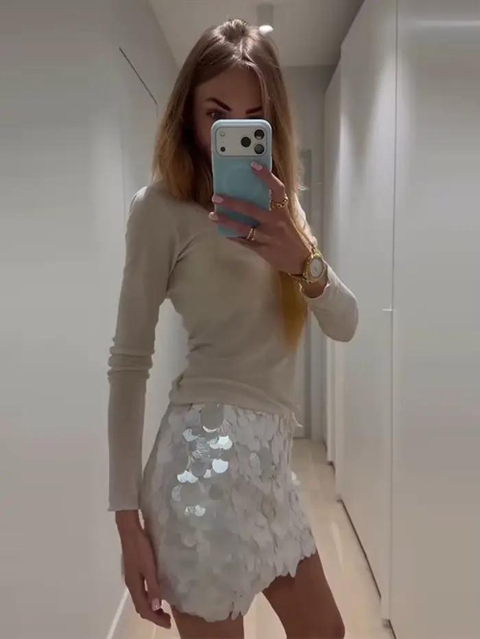 Jupe courte à sequins pour femme, polyester, coupe trapèze, taille haute, mini, collection Printemps Été 2026, plage, vacances