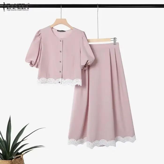 ZANZEA Ensemble de jupe et chemisier à manches bouffantes en dentelle vintage française