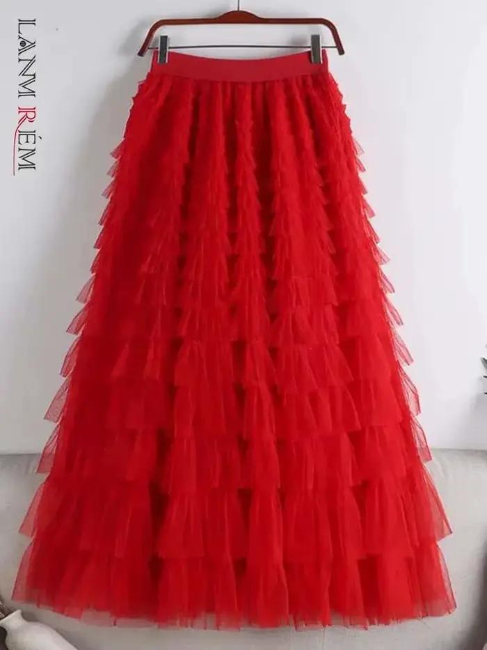 LANMREM mode maille jupe femmes taille haute a-ligne gaze épissé couleur unie jupes amples polyvalent 2025 printemps nouveau 2AA4000