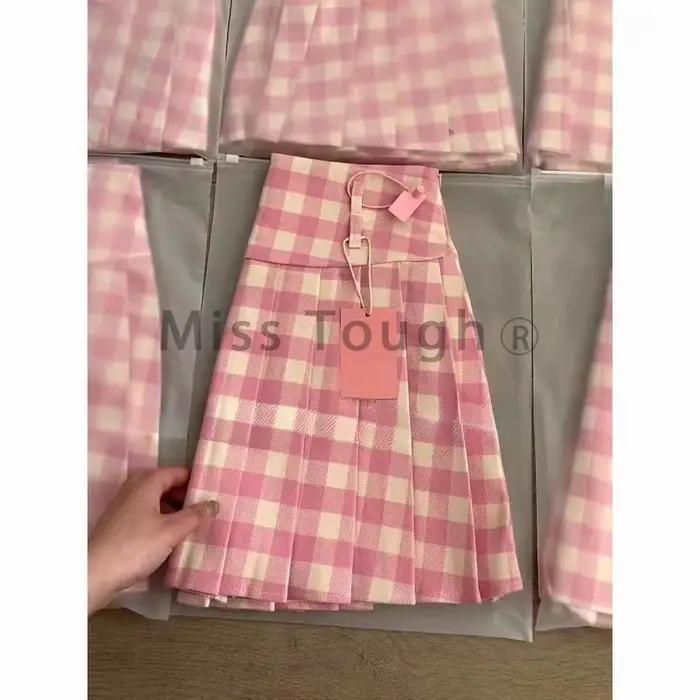 Jupe plissée à carreaux rose pour femmes