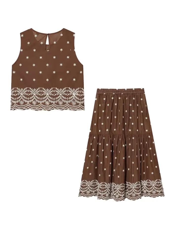Ensemble jupe de vacances pour femme HH – Haut court sans manches à col rond et broderie ajourée +