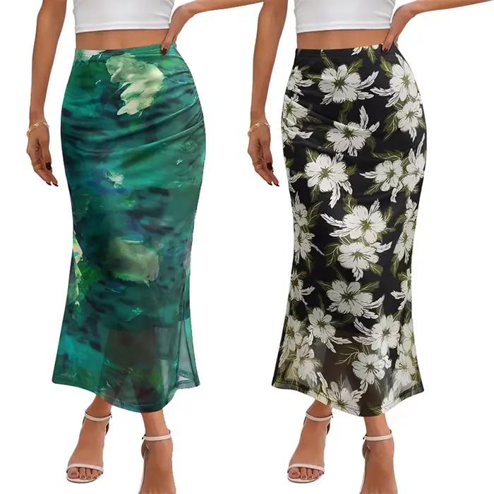2025 femmes jupes longues florales Boho imprimé taille basse en mousseline de soie fluide jupe droite été automne