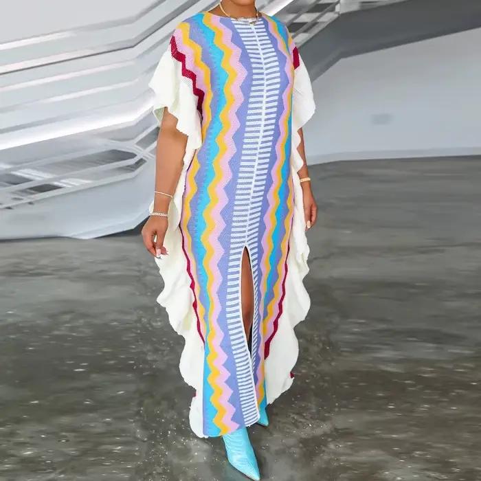 Robe de plage tendance à volants, col rond, manches courtes, coupe ample, longue et irrégulière, imprimée à rayures, tricotée, pour femme, été