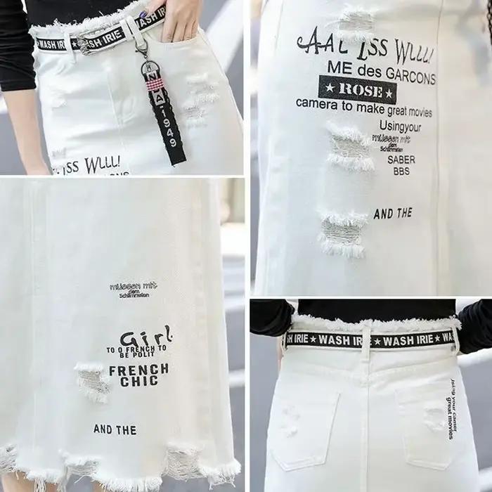 Jupe en jean blanche pour femmes, jupes longues avec lettres imprimées, style coréen, mode gothique, nouveau