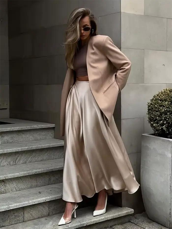 Jupe longue en satin pour femmes, élégante, ample, taille haute, maxi, streetwear, classique, mode féminine, sortie nocturne, rentrée scolaire