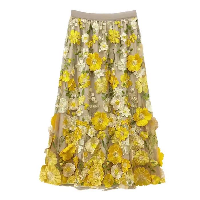 Jupe élégante en tulle brodé polyester avec coupe trapèze et motif floral 3D pour femmes pour les saisons printemps été occasions spéciales