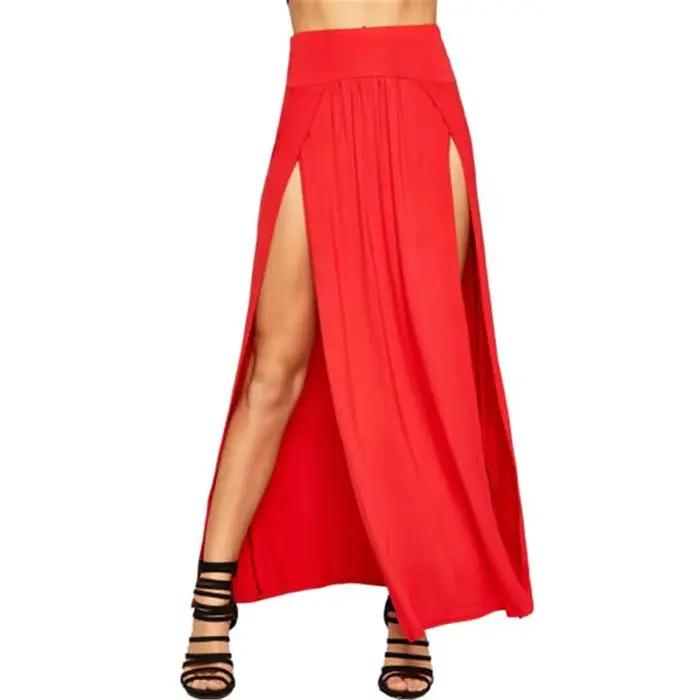 Nouveauté taille haute Sexy femmes Double fentes été solide longue Maxi jupe en gros 51 cadeaux de saint valentin