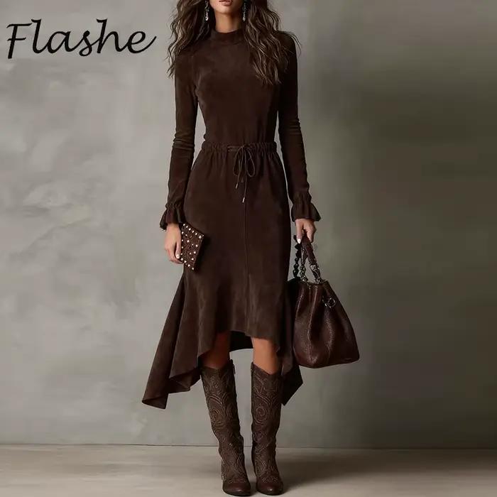 Robe en polyester élégante pour femmes, coupe irrégulière, automne hiver, longueur mi-longue, silhouette gracieuse, style décontracté et élégant, soirée et quotidien, couleur chocolat, tailles variées