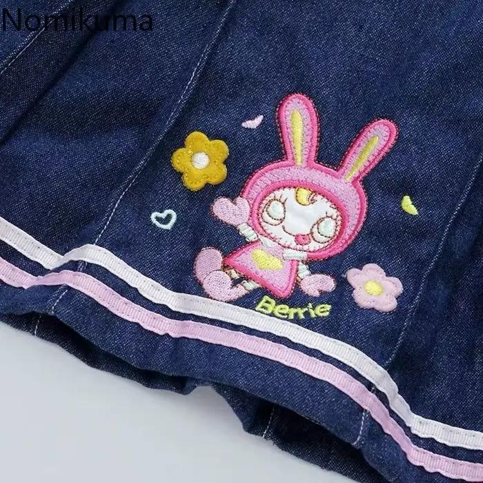 Denim Mini jupes 2025 Faldas Mujer De Moda mignon a-ligne douce Jupe été Chic Saia dessin animé broderie plissée Y2k