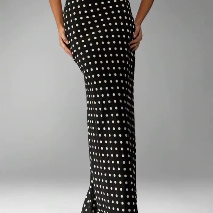 Mince Polk Dot jupe longue noir Chic élégant Vintage hanche taille haute rue Maxi jupes bureau dame trajet Streetwear 2025 décontracté