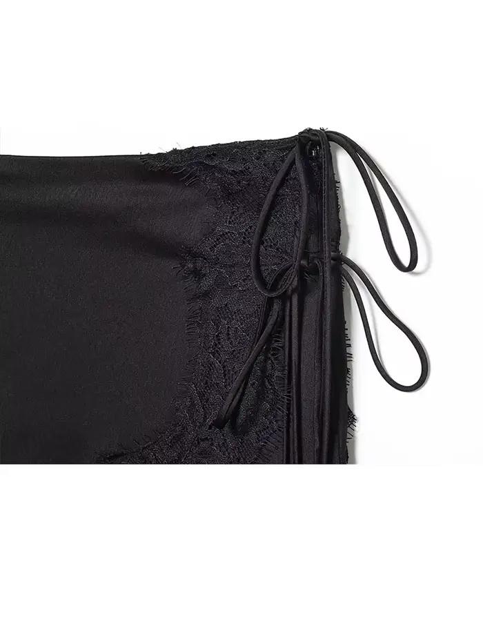 HH femmes mode polyvalent noir dentelle Satin jupe femme taille moyenne tempérament mince fermeture éclair nœud à