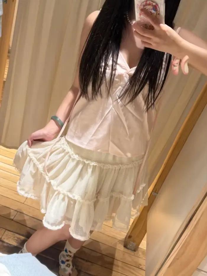 Jupes Jacquard en maille à pois longueur genou pour femme, taille élastique, volants, coupe trapèze, style preppy, jupe courte beige Y2K
