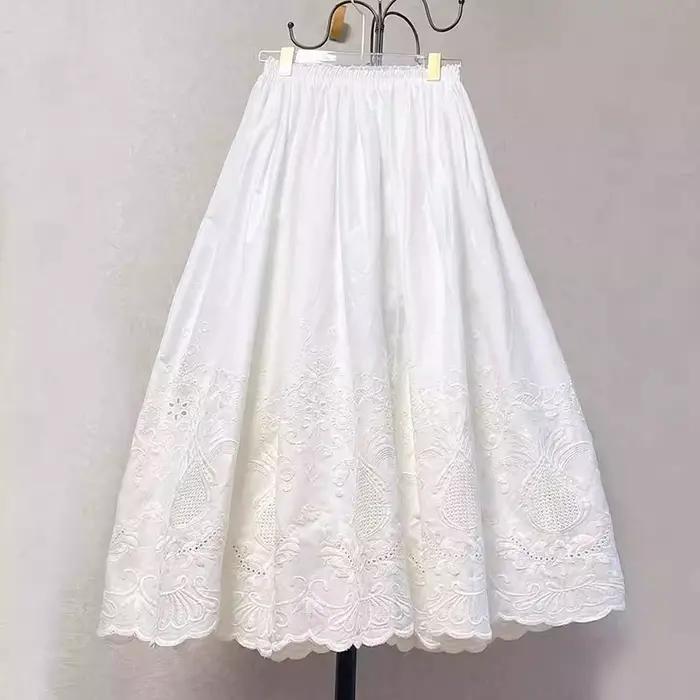 Jupe mi-longue en coton brodé floral vintage pour femmes